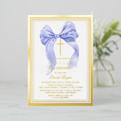 Modern Goud Blauw Bow Boy 1e Verjaardag Doop Folie Uitnodiging (Staand Voorkant)