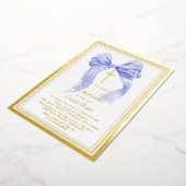 Modern Goud Blauw Bow Boy 1e Verjaardag Doop Folie Uitnodiging (Gedraaid)