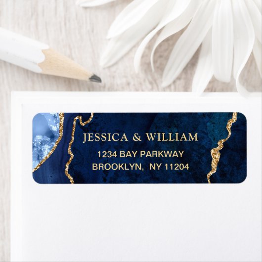 Modern Goud Blauw Marmer Agate Retouradres Label (Insitu)