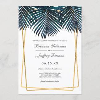 Modern Goud Blauwgroen Palm Leaves Geo Borders Wed Kaart