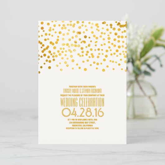 Modern Goud Confetti bruiloft uitnodiging (Staand voorkant)