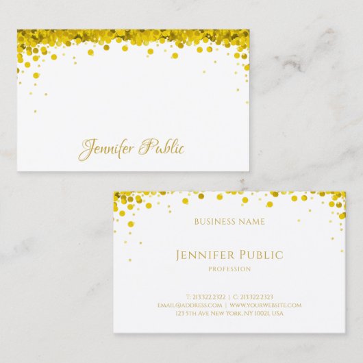 Modern Goud Confetti Hand Script Tekst Sjabloon Visitekaartje (Voorkant / Achterkant)