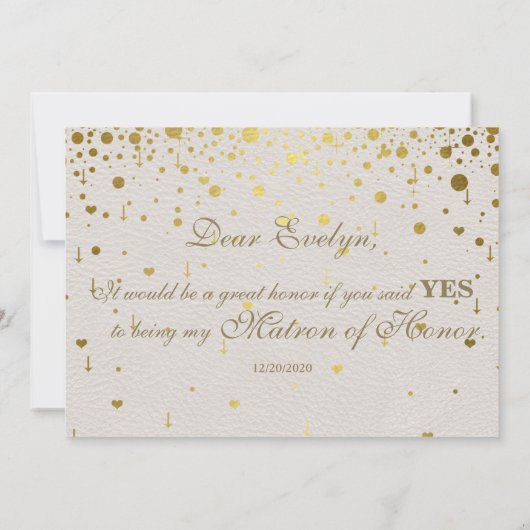 Modern Goud Confetti Wit Lederen Matron van Eer Kaart (Achterkant)