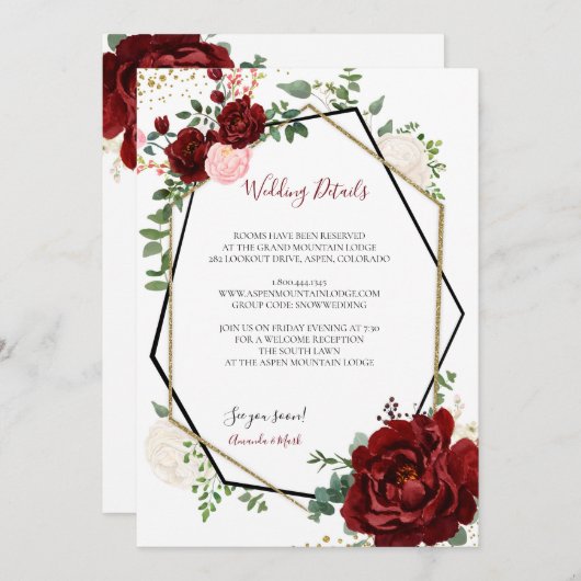 Modern Goud en Merlot Geometrisch Bruiloft Invoege Kaart (Voorkant / Achterkant)