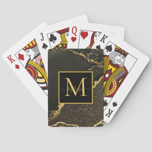 Modern goud en zwart gemarmerd monogram pokerkaarten (Achterkant)