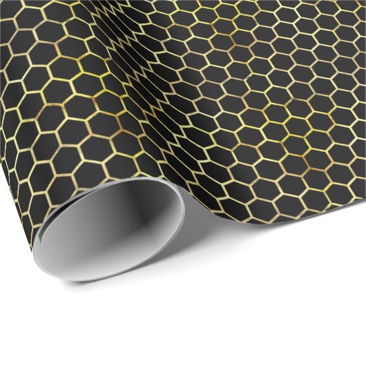 Modern Goud en Zwart Honingraat Patterned Cadeaupapier (Rol Hoek)