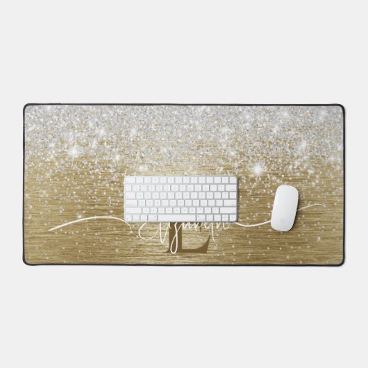 Modern Goud Geborsteld Metaal Zilver Glitter Monog Bureaumat (Keyboard & Muis)