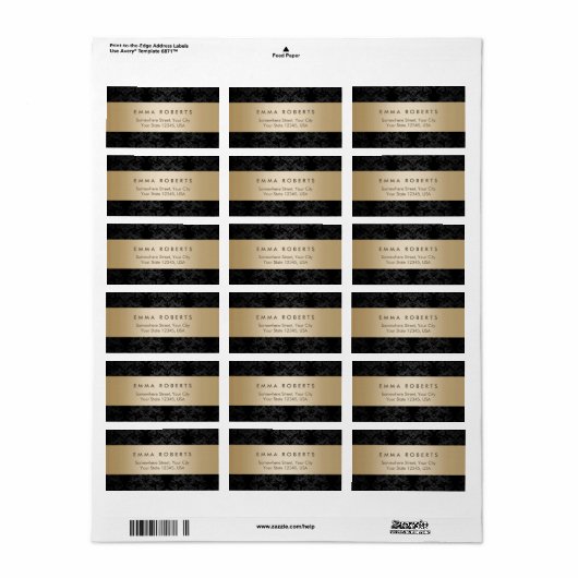 Modern Goud Gestreept Elegant Zwart Damast Etiket (Full Sheet)