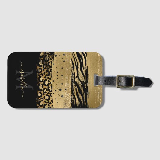 Modern Goud Glitter Script Monogrammed Bagagelabel (Voorkant (horizontaal))