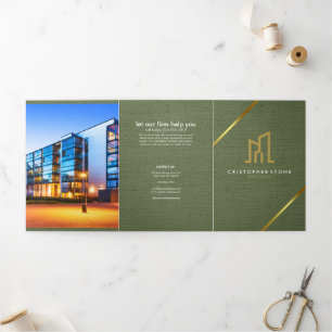 Modern Goud Huis Vastgoed Olijfgroen Makelaar Drieluik Kaart