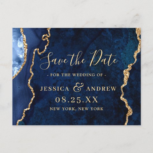 Modern Goud Marine Blauw Agaat Marmer Save the Dat Aankondigingskaart (Voorkant)