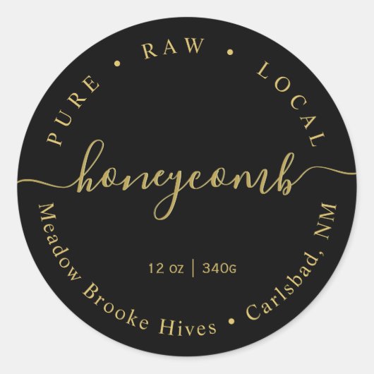 Modern goud op zwarte script honingraat label (Voorkant)