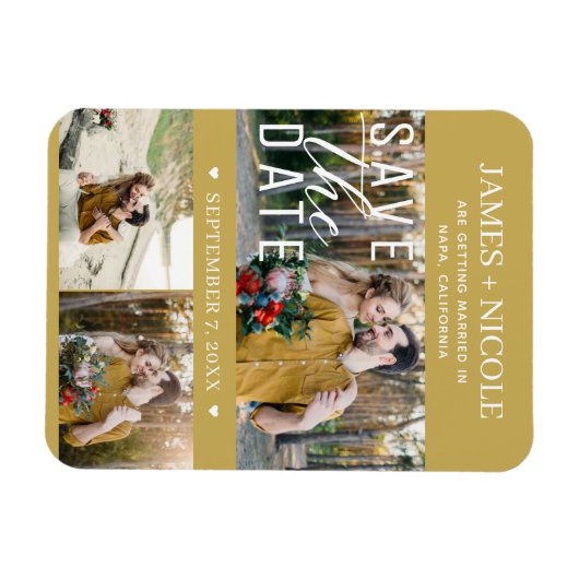 Modern Goud Save the Date Bruiloft 3 Foto's Magneet (Horizontaal)