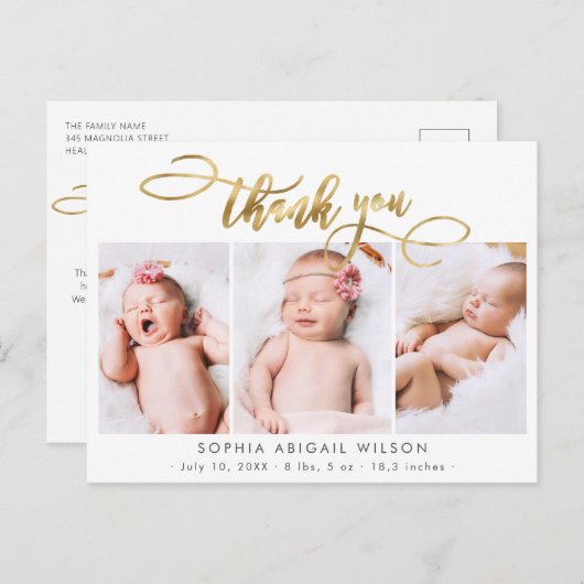 Modern Goud Script Baby Fotocollage Dank u Briefkaart (Voorkant / Achterkant)