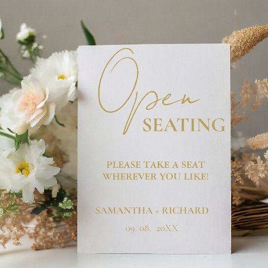 Modern Goud Script Bruiloft Open Zitting Sign Reclamebord Met Voetstuk