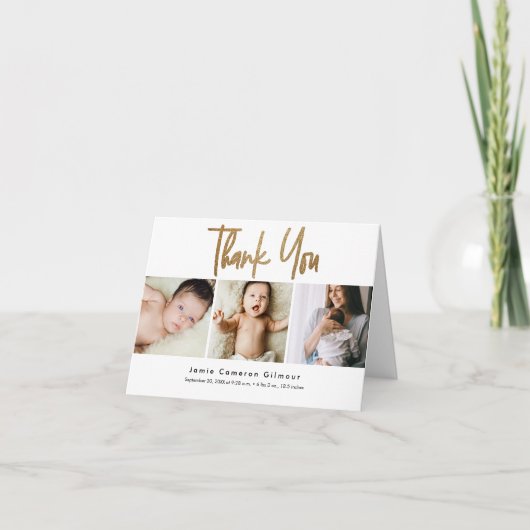 Modern Goud Script Custom 3 foto Baby Bedankkaart (Voorkant)