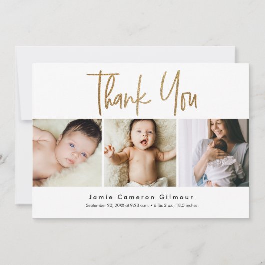 Modern Goud Script Custom 3 foto Baby Bedankkaart (Voorkant)