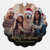 Modern Goud Script Eenvoudig 2 Foto Kerstmis Ornament Kaart (Voorkant)