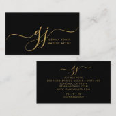 Modern Goud Script Initialen Make-up Artiest Zwart Visitekaartje (Voorkant / Achterkant)