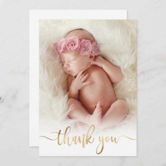 Modern Goud Script Newborn Baby Foto Dank u Bedankkaart (Voorkant / Achterkant)