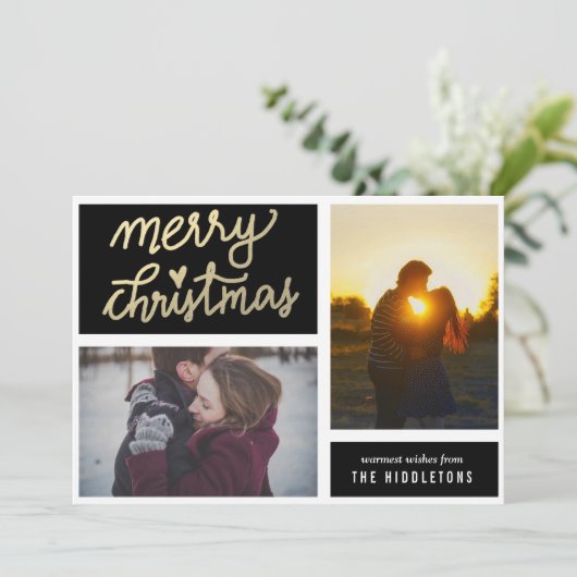 Modern Goud Vrolijk Kerstscript Twee foto's Feestdagenkaart (Staand voorkant)