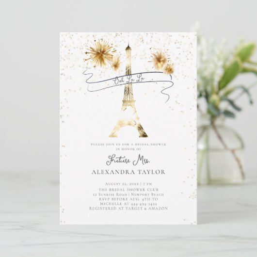 Modern Goud Vuurwerk Eiffel Paris Vrijgezellenfees Kaart (Staand voorkant)