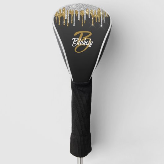 Modern Goud Zilver Glitter Drip Monogram Sprankel Golfheadcover (Voorkant)