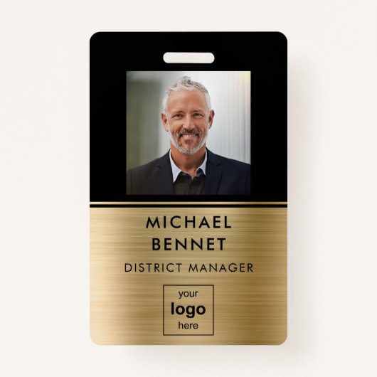 Modern Goud Zwart Medewerker Foto ID Badge (Voorkant)
