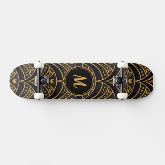 Modern Goud Zwart Stijlvol Elegant Monogram Custom Skateboard (Horizontaal)