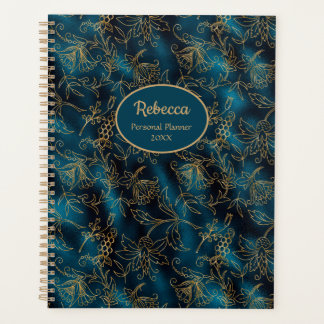 Modern Gouden Bloemen Blauwgroen Blauw Personalise Planner