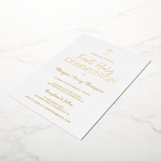 Modern Gouden Kruis Wit eerste heilige communie Folie Uitnodiging (Gedraaid)