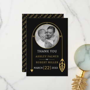 Modern gouden lijst met blad en foto bruiloft bedankkaart