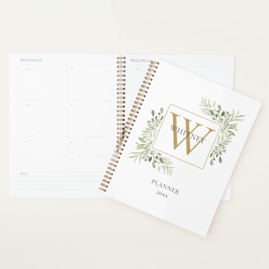Modern Gouden Monogram Groene Bladeren 2023 Planner (Display)