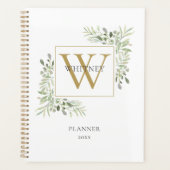 Modern Gouden Monogram Groene Bladeren 2023 Planner (Voorkant)