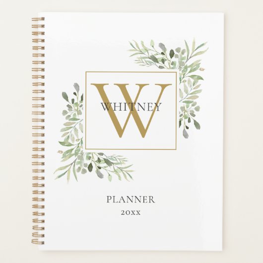 Modern Gouden Monogram Groene Bladeren 2023 Planner (Voorkant)
