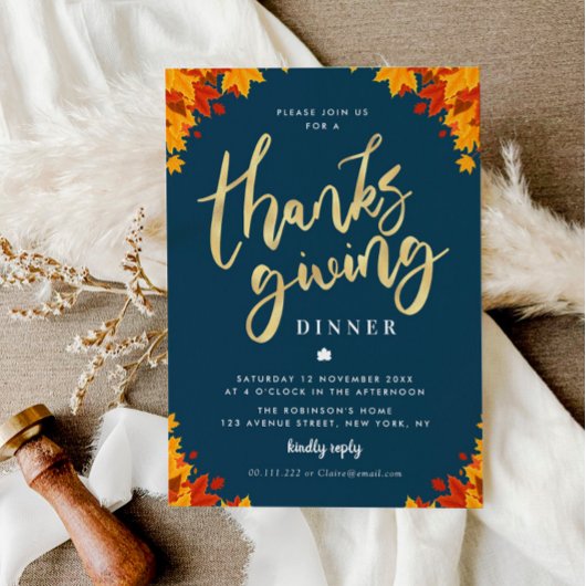 Modern gouden script blauw Thanksgiving diner Kaart
