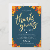 Modern gouden script blauw Thanksgiving diner Kaart (Voorkant)