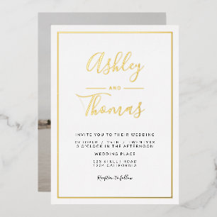 Modern gouden script foto's bruiloft geometrisch l folie uitnodiging