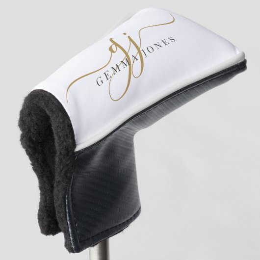 Modern Gouden Script Monogram Initialen Zwart Wit Golfheadcover (3/4 voorkant)