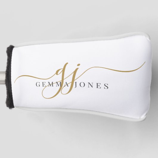 Modern Gouden Script Monogram Initialen Zwart Wit Golfheadcover (Voorkant)