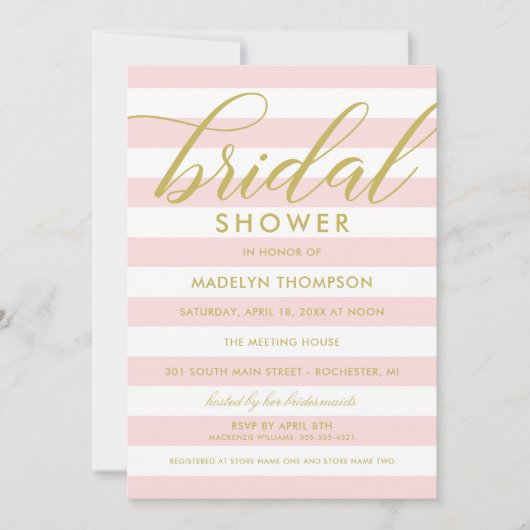 Modern Gouden Script Roze Strepen Vrijgezellenfees Kaart (Voorkant)