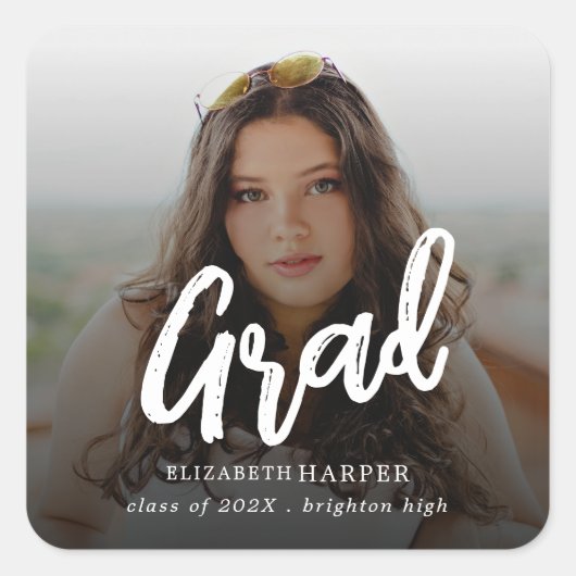 Modern Grad Brush Script Photo Graduation Vierkante Sticker (Voorkant)