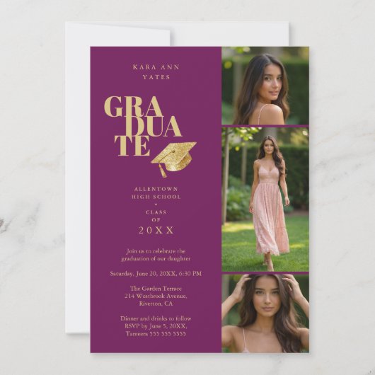 Modern Graduate Collage 3-Photos Plum & Gold Kaart (Voorkant)