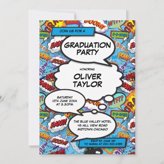 Modern Graduation Party Fun Blue Comic Book Kaart (Voorkant)