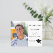 Modern Graduation Party guy Save the Date card (Staand voorkant)