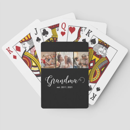 Modern Grandma Established 3 Photo White Script Pokerkaarten (Achterkant)