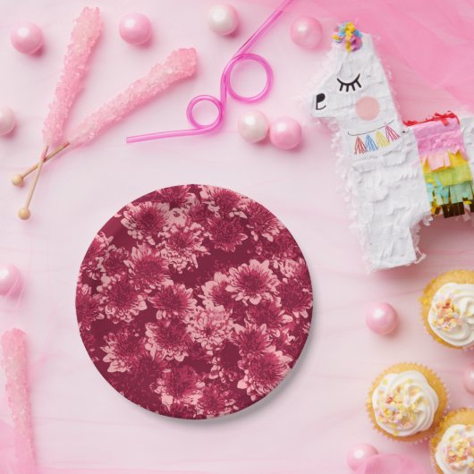 Modern Graphic Dahlia Pattern, Bourgogne en Roze Papieren Bordje (Feest)