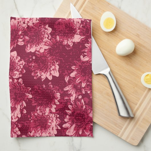 Modern Graphic Dahlia Pattern, Bourgogne en Roze Theedoek (Quarter Fold)