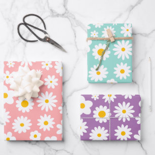 Modern Graphic Daisy Roze Blauw & Paarse Pastel Inpakpapier Vel
