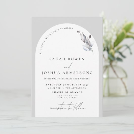 Modern Gray Arch Botanical Script Weddenschap Kaart (Staand voorkant)